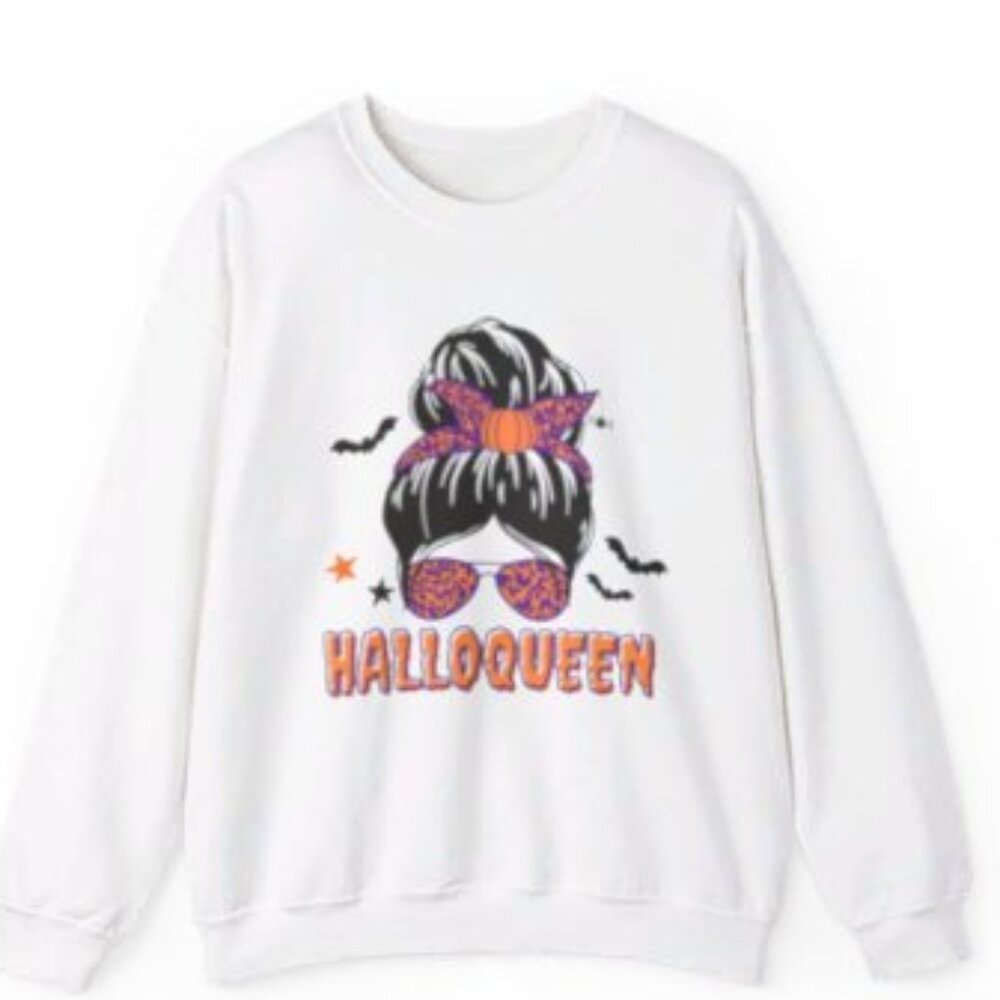 White HalloQueen Halloween Sweatshirt Messy Bun Mom Shirt for Fall Drama Spooky